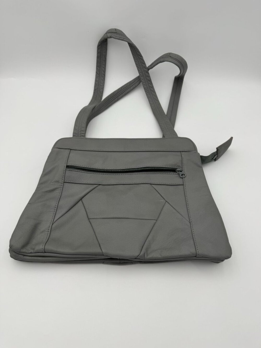 Genuine Leather Womens Shoulder Bag Gray Multi-Zip Compartments Lightweight
